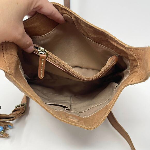 The Sak Huntley Leather Crossbody Tobacco Floral Embossed Beaded Tassel Fringe - Picture 8 of 13